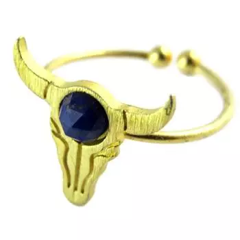 7bis [Q1475] - Кольцо ручной работы Boho золотисто-синее (череп буйвола) - 14x13 мм