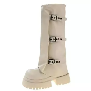 7CM Desinger Knight Women Mid Calf Boots Chunky High Heeled Platform Punk Motorcycle Long Booties Goth Street Shoes For Women 35 бежевый