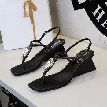 7CM French Design Sense High Face Wedge Heel Herringbone Sandals Women s Rhinestone Thin Strap Toe Women s High Heels 35