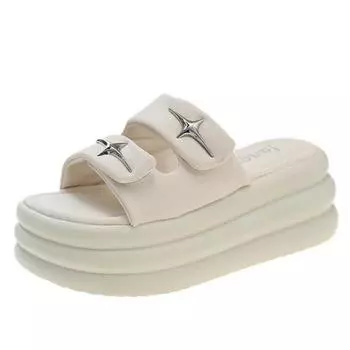 7cm Heels Chunky Platform Slippers For Women Open Toe Leather Wedges Sandals Woman Summer Thick Bottom Female Beach Flip Flops 34 бежевый