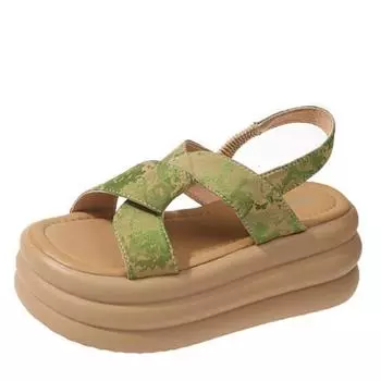 7CM Heels New Summer Platform Sandals Breathable Leather Beach Slippers Women Walking Chunky Sandalias Casual Peep Toe Footwear 34 чёрный