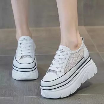 7 см кружевные сетчатые толстые кроссовки на танкетке с дышащей полой вулканизированной летней модой из натуральной коровьей кожи для женщин 35 чёрный