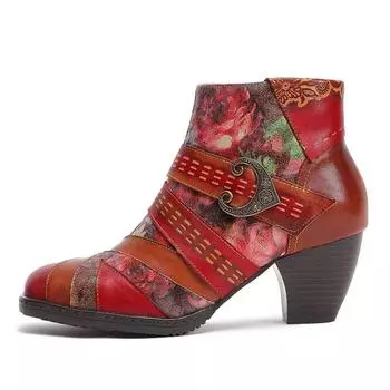 7CM New Print Cloth Ankle Chunky Heels British Genuine Leather ZIP Big Size 42 Autumn Spring Cowboy Boots Ethnic Women Shoes 36