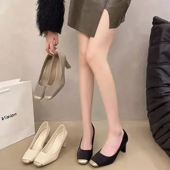 7Cm splicing square head high heels women s thick heels are not tired feet soft leather soft sole professional work single shoes 2025 spring new 34 серый