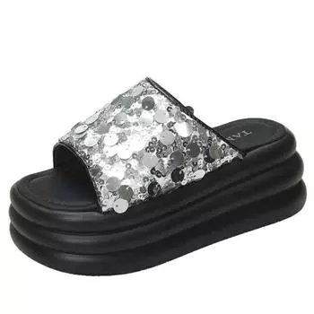 7CM Thick Bottom Summer Bling Leather Slippers Women s Sandals 2024 Women Wedges High Platform Flat Shoes Woman Beach Flip Flops 34