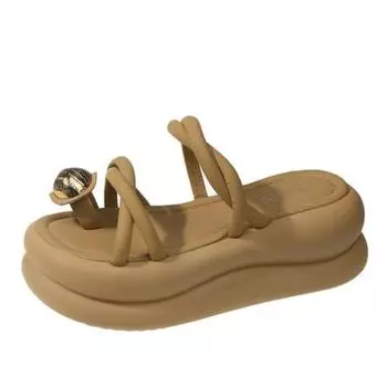 7CM Thick slippers High Heels Women Sandals New Summer Square Toe Woman Casual Platform Sandals Women s Pumps Party Shoes 2024 34 бежевый