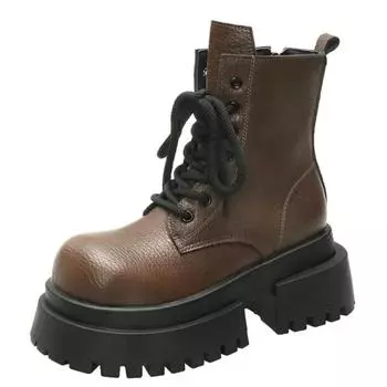 7CM Women Thick Heels Ankle Boots Lace Up Black Chunky Boots New 2024 Winter Leather Boots Woman Platform Punk Shoes High Heels 35 чёрный