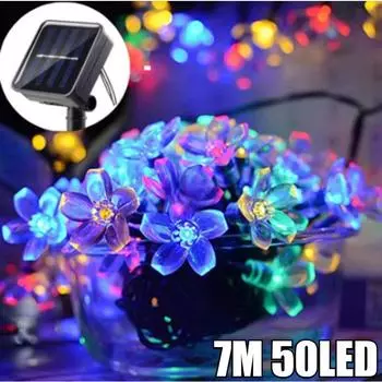 7M Солнечная гирлянда Рождественские огни Уличные 50LED 8Mode Водонепроницаемые Цветочные Садовые Цветочные Освещения Украшения Дома Вечеринка 20LED-colour