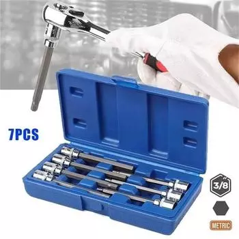 7pcs 3/8 Drive Extra Long Allen Hex Bit 3-10mm Impact Adapter Allen Key Socket Bit Set Automotive Hand Tools With Storage Case