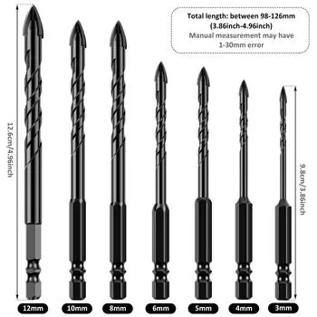 7Pcs 4-Edge Cross Drill Bit Set Tungsten Steel Masonry Drill Bit Set Precise Twist Drill Bit Set 3/4/5/6/8/10/12mm Ceramic Tile