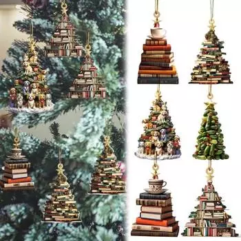 7Pcs Christmas Tree Hanging Pendants Set Acrylic Book Stacked Ornament Lightweight Christmas Decorations for Tree Doors Windows Gift Idea Sets