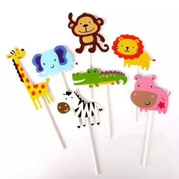 7pcs Jungle Safari Cupcake Picks Cake Toppers Cartoon Cupcake Inserts Card Kids Birthday Party ARI 7 pcs