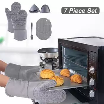 7Pcs/set Microwave Gloves Heat Insulation Silicone Baking Gloves Oven Mitt Pot Holder Nonslip Grilling Pad Hand Clip For Kitchen