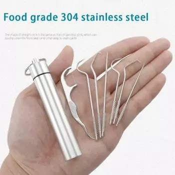 7Pcs/Set Stainless Steel Toothpick Set Tooth Flossing Reusable Toothpicks Portable Toothpick Floss Teeth Cleaner Oral Cleaning