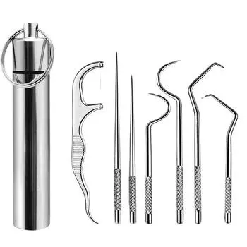 7Pcs/Set Stainless Steel Toothpick Set Tooth Flossing Reusable Toothpicks Portable Toothpick Floss Teeth Cleaner Oral Cleaning
