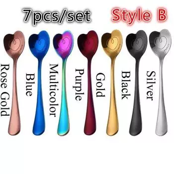 7pcs Stainless Steel Tea Coffee Spoon Heart-Shape Design Dessert Spoon Style A