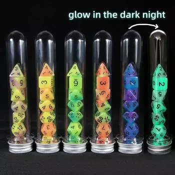 7шт. Многогранные светящиеся в темноте игральные кости с трубкой для настольной игры DND COC Cthulhu TRPG Running Team, набор игральных костей Dnd orange yellow