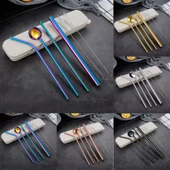 7шт многоразовые соломинки из нержавеющей стали, ложка, столовые приборы с чистящей щеткой чёрный