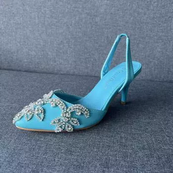 7см С открытым носком Белые Свадебные Босоножки Тонкий Каблук Маленький Размер Цепочка со Стразами Свадебная Обувь Обувь для Свадебной Фотосессии Невесты 37