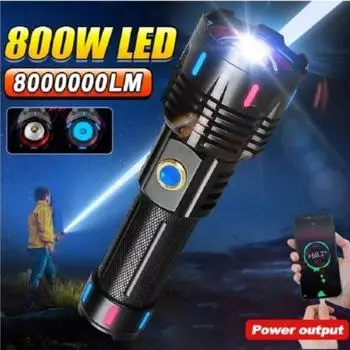 8000000LM супер мощный фонарик 800 Вт перезаряжаемый фонарик 2000 метров светодиодные фонари высокой мощности водонепроницаемый фонарь Flashlight - No Batteries чёрный