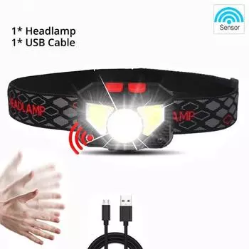 80000 лм, 6 режимов, мощный налобный фонарь, светодиодный датчик фар, встроенный аккумулятор, перезаряжаемый, водонепроницаемый чёрный