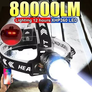 80000LM Мощный налобный фонарь USB Перезаряжаемый налобный фонарь Большая апертура XHP360 Светодиодный налобный фонарь Кемпинг Рыбалка Головной фонарь without battery чёрный