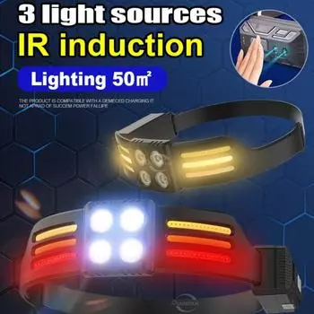 8000LM Индукционный налобный фонарь COB Светодиодный датчик Налобный фонарь Встроенная батарея Перезаряжаемая USB фара built in battery чёрный