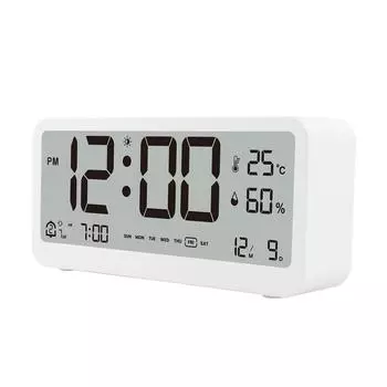 8001-EN Многофункциональные цифровые часы со светодиодной подсветкой, регулируемой яркостью, отображением температуры и влажности, будильник с двумя будильниками белый