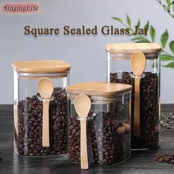 800-1200 мл квадратная герметичная стеклянная банка с деревянной ложкой стеклянная банка для хранения кофейных зерен контейнер для хранения приправ кухонные принадлежности