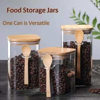 800 мл/1000 мл/1200 мл большая герметичная стеклянная банка с деревянной ложкой квадратная бытовая банка для хранения приправ и кофейных зерен