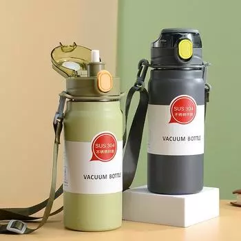 800 мл двойной термос из нержавеющей стали 304 для спорта с трубочкой портативный термос кружка с ремешком термокружка для воды стакан 600ml чёрный