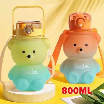 800 мл пластиковая бутылка для воды Kawaii Bear с соломенным портативным ремешком, милые детские бутылки, чашка для чая с пузырьками молока розовый