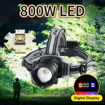 800 Вт светодиодная самая мощная фара, высокая мощность, перезаряжаемая, супер яркая, налобный фонарь дальнего действия, зум, водонепроницаемый налобный фонарь, рыболовный головной фонарь no battery чёрный