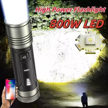 800 Вт светодиодный фонарик высокой мощности, перезаряжаемый фонарик, мощная ручная лампа, водонепроницаемая вспышка, фонарь для кемпинга no battery чёрный