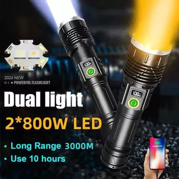 800 Вт светодиодный фонарик высокой мощности желтый и белый фонарь перезаряжаемый зум-фонарь водонепроницаемый лампа уличный фонарь no battery чёрный