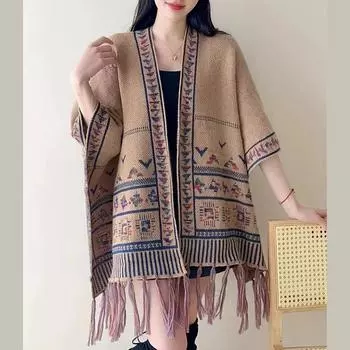 802 #Ретро этнический стиль бахрома накидка кардиган свободный большой размер накидка шаль свитер женский One Size грязно-белый