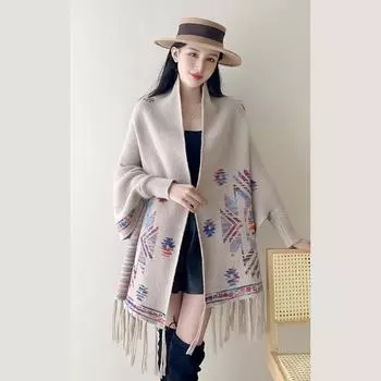 803 #Осенняя шаль в стиле ретро Этническая вязаная накидка Шаль Кардиган Фото Кейп для путешествий Кондиционер One Size хаки