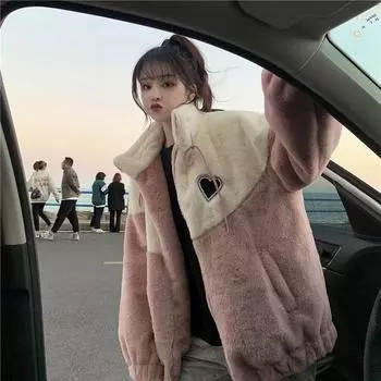 804 #[Двусторонний арктический бархат] пальто женское осень и зима новое контрастное цветное сращивание теплый воротник-стойка love длинный рукав топ M синий