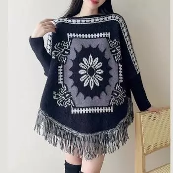 805 #Осенний этнический стиль вязаное полотенце свободный длинный рукав с бахромой в иностранном стиле пуловер накидка шаль свитер One Size белый