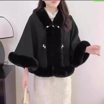 806 #Новая китайская шаль-чонсам с жемчужной пряжкой, универсальная накидка, утолщенная муссонная плюшевая накидка с воротником One Size бордовый