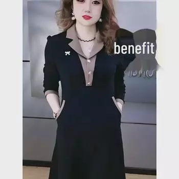 [80-200 фунтов] Новое осеннее платье А-силуэта в корейском стиле: Юбка средней длины, утягивающая, в стиле пэчворк, прикрывающая живот 4XL (for 150-170 catties) чёрный