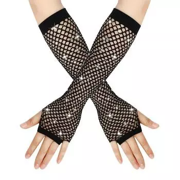 80 Ball Diamond Gloves Party Fishnet Stretch Mesh Gloves Retro Sexy Hot Drilling Long Black 5XL