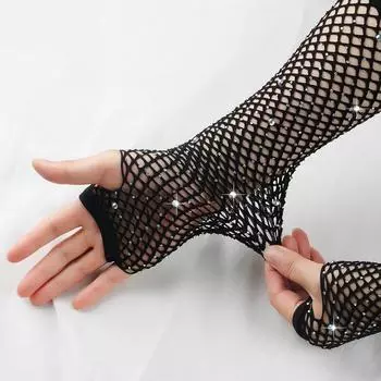 80 Ball Diamond Gloves Party Fishnet Stretch Mesh Gloves Fashion Retro Cross-Border Sexy Hot Drilling Sleeve Cover Black All yards