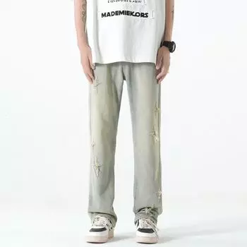 80% Cotton Men s Y2K Star Crosses Vinatge Baggy Jeans Denim Casual Flared Pants Sweatpants Trousers For Men American Style 2024 S жёлтый