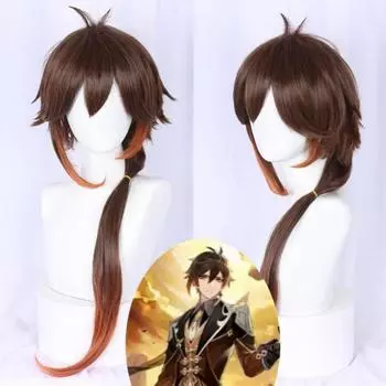 80 см аниме Genshin Impact Zhongli косплей парик 90 см длинный прямой хвост градиент коричневые термостойкие волосы 80cm коричневый