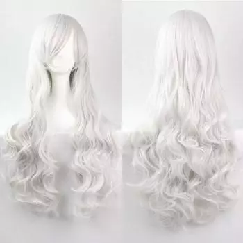 80 см парик полный парик длинные вьющиеся волнистые вьющиеся волосы диагональная челка свободный парик стиль Харадзюку естественная текстура высокая температура термостойкость для аниме косплей серебряный