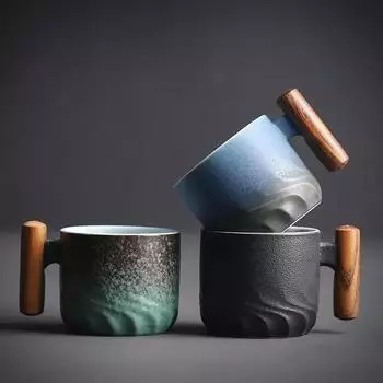 80ml Retro andmade Wooden handle Coffee Cup Ceramic Filter Tea Mug Solid Color Gradient Glaze Coffee Cup Teacup For Office home 51-100ML
