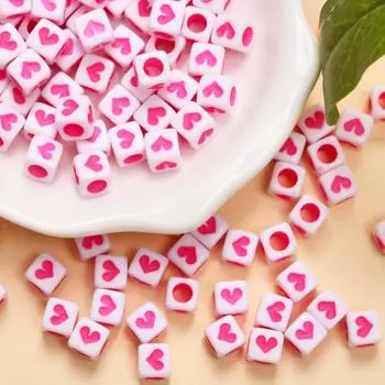 80Pcs 6mm Heart pattern Square Shape Acrylic Cubic Loose Beads For Jewelry Making DIY Bracelet Necklace Accessories