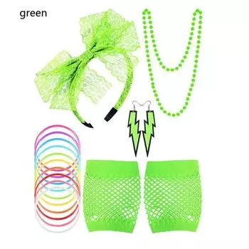 80s Party Headband Dress Necklace 80s Fancy Fishnet Gloves Costume Accessories Set зелёный