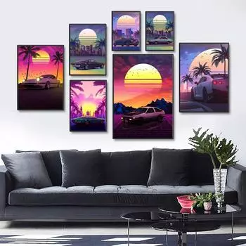 80S Ретро Неоновый Спортивный Гоночный Автомобиль Закат Пальма Холст Картины Старинные Плакаты Настенные Картины Для Гостиной Домашний Декор Без Рамки 21*30cm